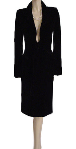 EMPORIO GIORGIO ARMANI BLACK VELVET DRAPED COAT WITH TIE - DIAGONAL FLAP DETAIL FRONT