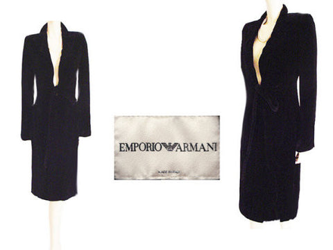 EMPORIO GIORGIO ARMANI BLACK VELVET DRAPED COAT WITH TIE - DIAGONAL FLAP DETAIL FRONT