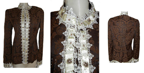 *NEW - FROM MY OWN PERSONAL COLLECTION -  BEAUTIFUL EDWARDIAN-LOOK LACE, SATIN BEADED BROCADE JACKET IN BITTERSWEET CHOCOLATE - LARGE