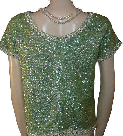 *FROM MY OWN PERSONAL VINTAGE COLLECTION - STUNNNING VINTAGE  SPARKLING RHINESTONES, IRIDESCENT SEQUINS & PEARLS ENCRUSTED EVENING TOP FROM HONG KONG IN LILY PAD WITH METAL ZIPPER