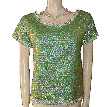 *FROM MY OWN PERSONAL VINTAGE COLLECTION - STUNNNING VINTAGE  SPARKLING RHINESTONES, IRIDESCENT SEQUINS & PEARLS ENCRUSTED EVENING TOP FROM HONG KONG IN LILY PAD WITH METAL ZIPPER
