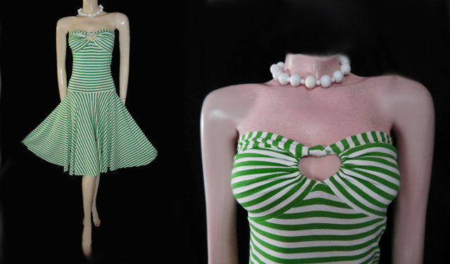 ADORABLE MODA INTERNATIONAL STRAPLESS LIME & WHITE STRIPE SPANDEX BI Vintage Clothing & Fashions | Midnight Glamour ADORABLE MODA INTERNATIONAL STRAPLESS LIME & WHITE STRIPE SPANDEX BI Vintage Clothing & Fashions | Midnight Glamour