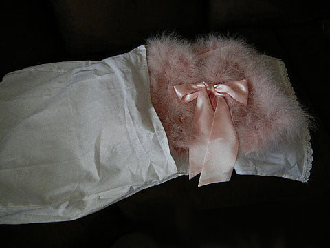 *GORGEOUS MARABOU & SATIN STOLE OR BED JACKET  IN TICKLE ME PINK PLUS A BONUS OF A LACE-TRIMMED DUST COVER STORAGE BAG - WOULD MAKE A WONDERFUL GIFT