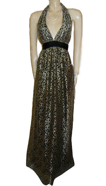 SOPHISTICATED KAY UNGER GOLD BLACK LACE SILK HALTER EVENING GOWN