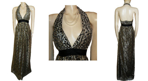 *SOPHISTICATED KAY UNGER GOLD & BLACK LACE SILK HALTER EVENING GOWN - LARGER SIZE
