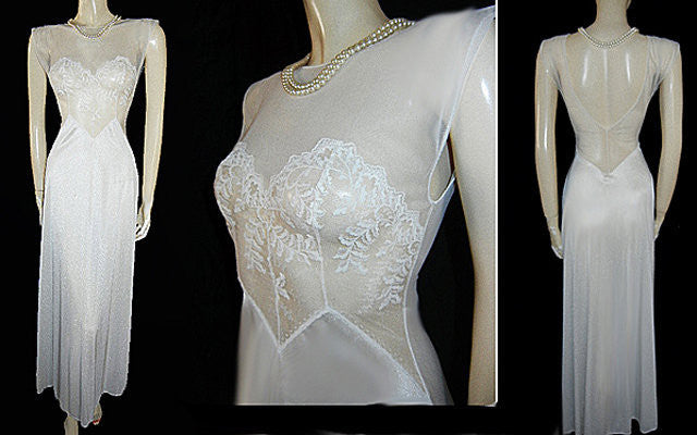 *  VINTAGE VAL MODE BRIDAL TROUSSEAU SHEER LACE BODICE NIGHTGOWN WITH A FABULOUS SHEER BACK IN BABY SWAN