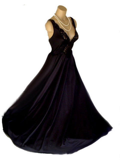 c1970s Olga Bodysilk Black Nylon & Lace Wide Sweep Maxi Nightgown - Ruby  Lane