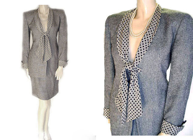 *   VINTAGE CHRISTIAN DIOR SUIT WITH REMOVABLE LATTICE CANE PATTERN COLLAR & CUFFS