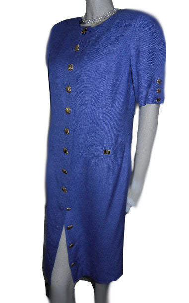 VINTAGE LOUIS FERAUD LINEN-LOOK DRESS ACCENTED WITH GOLD METAL