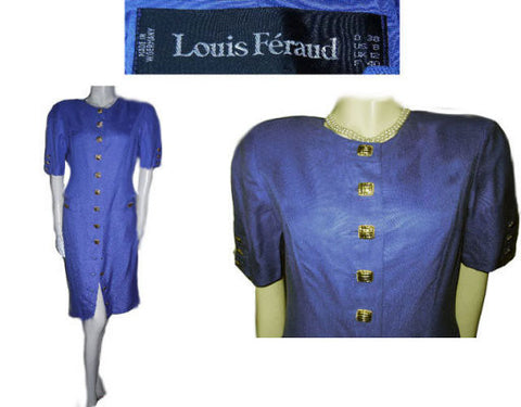 *VINTAGE LOUIS FERAUD LINEN-LOOK DRESS ACCENTED WITH GOLD METAL SQUARE BUTTONS IN PERIWINKLE