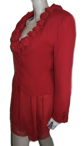 *BEAUTIFUL PERRY WHITE CHIFFON TIERED SKORT SUIT ADORNED WITH CHIFFON ROSES IN RED HOT RED