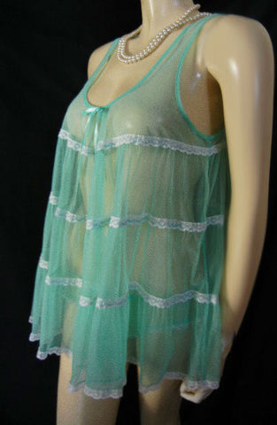 *VICTORIA‘S SECRET “SEXY LITTLE THINGS“ LACE-TRIMMED TIERED BABY DOLL NIGHTGOWN PLUS RUCHED PANTIES IN SEA SPRITE