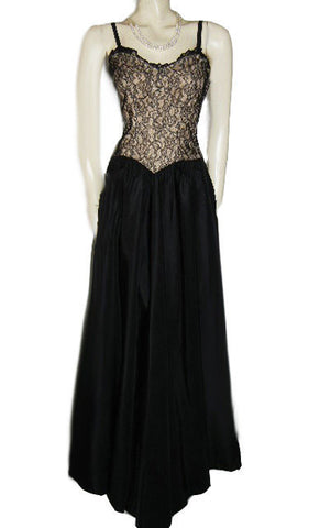 *VINTAGE '40s TAFFETA WITH PEACH & BLACK LACE GRAND SWEEP EVENING GOWN WITH MATCHING BOLERO JACKET & METAL ZIPPER
