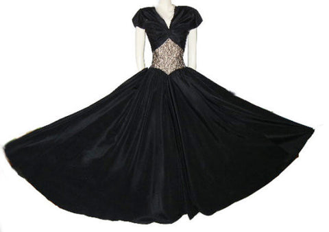 *VINTAGE '40s TAFFETA WITH PEACH & BLACK LACE GRAND SWEEP EVENING GOWN WITH MATCHING BOLERO JACKET & METAL ZIPPER