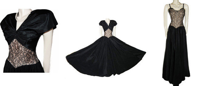 VINTAGE 40s TAFFETA WITH PEACH BLACK LACE GRAND SWEEP EVENING GOWN Vintage Clothing Fashions Midnight Glamour