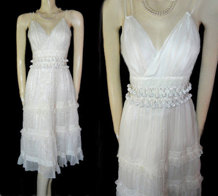 *WD NY WHITE & CREAM SILK RUFFLE DRESS ADORNED WITH 64 CORD-COVERED BALLS & LACE TRIM