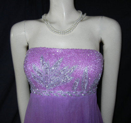 *GORGEOUS CAMILLE LA VIE SILVER SEQUINS & METALLIC THREAD BEADED EMPIRE-STYLE EVENING GOWN IN JUNGLE ORCHID