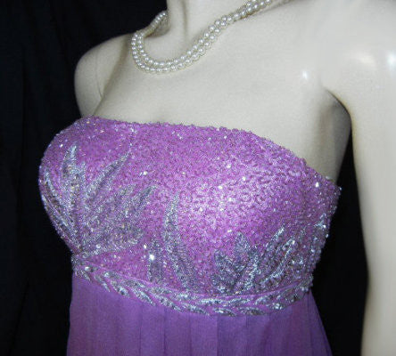 GORGEOUS CAMILLE LA VIE SILVER SEQUINS & METALLIC THREAD BEADED EMPIRE-STYLE EVENING GOWN IN JUNGLE ORCHID