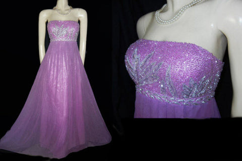 GORGEOUS CAMILLE LA VIE SILVER SEQUINS & METALLIC THREAD BEADED EMPIRE-STYLE EVENING GOWN IN JUNGLE ORCHID