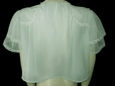 GLAMOROUS VINTAGE MUNSINGWEAR EXQUISITELY EMBROIDERED DOUBLE NYLON LACEY BED JACKET IN OCEAN KISS