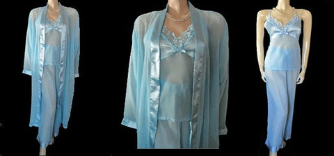 *BEAUTIFUL COLLECTIONS, ETC. 3-PIECE SATIN & CHIFFON PEIGNOIR & PAJAMA SET IN SPA - SIZE EXTRA LARGE / XL - LOOKS AS THOUGH IT HAS NOT BEEN WORN