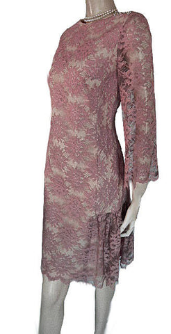 *VINTAGE ‘50s CAROL CRAIG LACE FLOUNCE COCKTAIL DRESS WITH SPARKLING RHINESTONE BUTTONS & METAL ZIPPER IN ROSE DUST