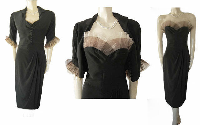 *STUNNING VINTAGE ‘50s SWEETHEART NECKLINE COCKTAIL DRESS & JACKET ADORNED WITH BLACK & CREAM PLEATED TULLE & A METAL ZIPPER