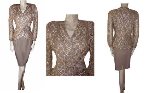 *VINTAGE J. BENJAMIN SPARKLING SEQUIN COCKTAIL OUTFIT WITH HUGE FABRIC ROSE IN KAHLUA