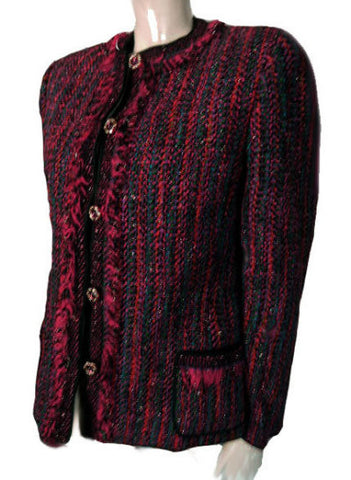 *ELEGANT VINTAGE '80S CHRISTIAN RUPERTO SCARLET & MULTI JACKET WITH FRINGE & JEWEL BUTTONS