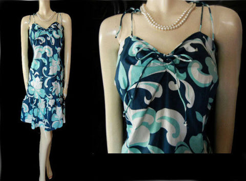 *COOL AS A CUCUMBER SUMMER SUNDRESS ADORNED WITH EXOTIC FLOWERS AND LEAVES IN AQUA, WHITE & MISTY NAVY - EXTRA LARGE - XL
