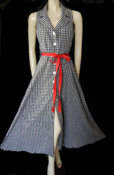 *VINTAGE-LOOK COLDWATER CREEK BLACK & WHITE CHECKED SWING DRESS WITH SCARLET RIBBON BELT