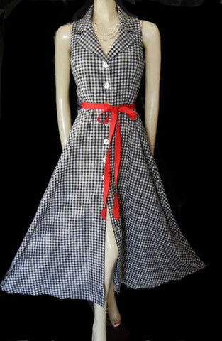 *VINTAGE-LOOK COLDWATER CREEK BLACK & WHITE CHECKED SWING DRESS WITH SCARLET RIBBON BELT