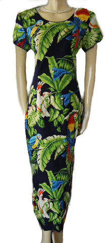 *GORGEOUS HAWAIIAN DRESS WITH EXOTIC BIRDS & PALM FRONDS - SIZE LARGE