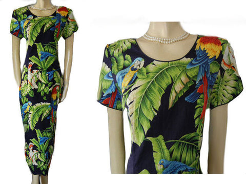 *GORGEOUS HAWAIIAN DRESS WITH EXOTIC BIRDS & PALM FRONDS - SIZE LARGE