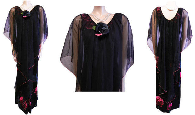 *VINTAGE BLACK EVENING DRESS ADORNED WITH LONG STEM ROSES WITH A FLOATING LAYER OF CHIFFON