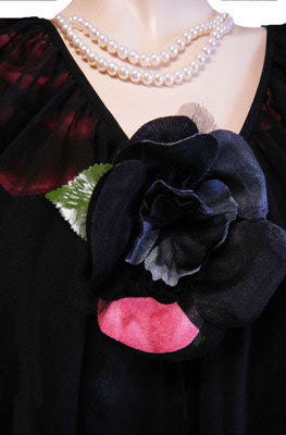 *VINTAGE BLACK EVENING DRESS ADORNED WITH LONG STEM ROSES WITH A FLOATING LAYER OF CHIFFON