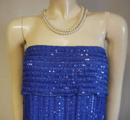 *SPARKLING SEQUIN & RIBBON STRAPLESS SILK EVENING GOWN DESIGNED BY ZARA ADORNED WITH FLOUNCES IN TWILIGHT