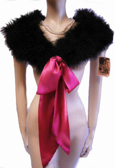 *NEW - GORGEOUS LAPIS MARABOU FEATHER & SATIN STOLE OR BED JACKET IN JET BLACK WITH LONG HOT PINK SATIN TIES - NEW WITH TAG