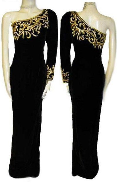 VINTAGE BLACK VELVET ONE‑SHOULDER GOLD EMBROIDERED EVENING GOWN – GODD –  Vintage Clothing & Fashions