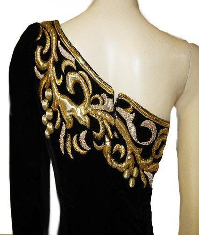 *FROM MY OWN PERSONAL COLLECTION - SOPHISTICATED VINTAGE ONE SHOULDER GODDESS BLACK VELVET & GOLD EVENING GOWN