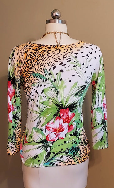 ALBERTO MAKALI BEADED SEQUIN TIGER LEOPARD HIBISCUS TOP