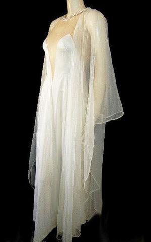 *GORGEOUS VINTAGE BRIDAL TROUSSEAU SHEER PEIGNOIR WITH ANGEL SLEEVES & NUDE ILLUSION NIGHTGOWN WITH SHEER BACK