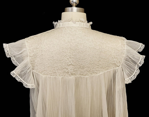 *VINTAGE SHEER PLEATED NIGHTGOWN WITH LACE YOLK FLUTTER SLEEVES AND SATIN RIBBON