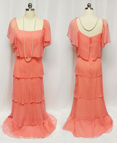 *GLAMOROUS VINTAGE '60s / '70s 5-TIER TITANIC-LOOK CHIFFON EVENING GOWN IN APRICOT