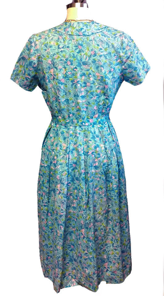 VINTAGE AQUA & PINK FLORAL PETER PAN COLLAR SPRING/SUMMER DRESS WITH M Vintage Clothing & Fashions | Midnight Glamour VINTAGE AQUA & PINK FLORAL PETER PAN COLLAR SPRING/SUMMER DRESS WITH M Vintage Clothing & Fashions | Midnight Glamour