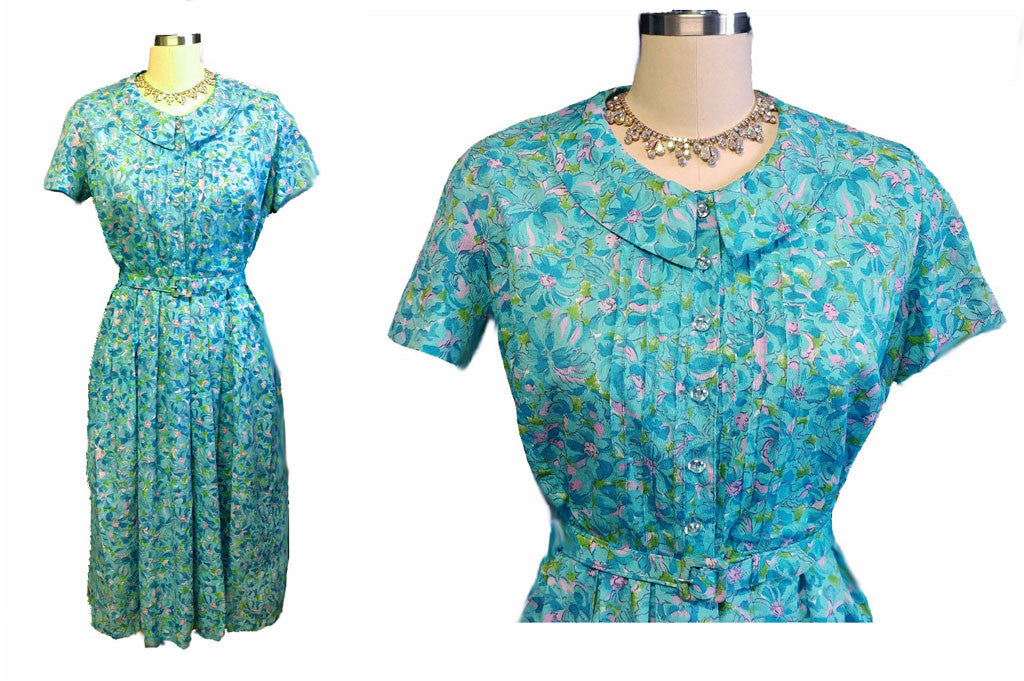 VINTAGE AQUA & PINK FLORAL PETER PAN COLLAR SPRING/SUMMER DRESS WITH M Vintage Clothing & Fashions | Midnight Glamour VINTAGE AQUA & PINK FLORAL PETER PAN COLLAR SPRING/SUMMER DRESS WITH M Vintage Clothing & Fashions | Midnight Glamour