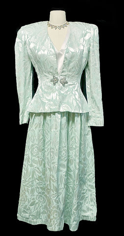 *VINTAGE ARTHUR DOUCETTE SAKS FIFTH AVENUE MINT GREEN BROCADE EVENING JACKET AND LONG DRESS