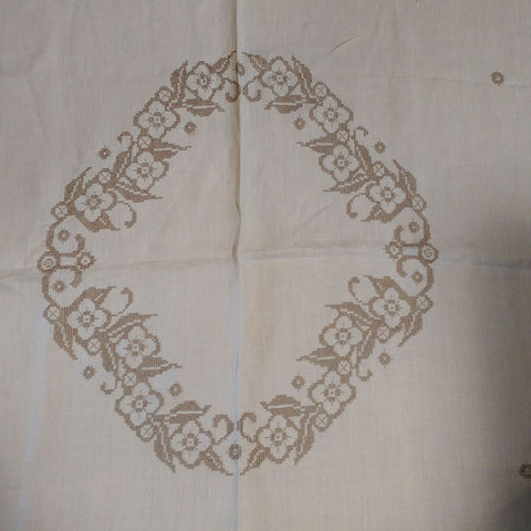 *VINTAGE IVORY LINEN CROSS STITCHED TABLECLOTH WITH HEAVY ECRU LACE