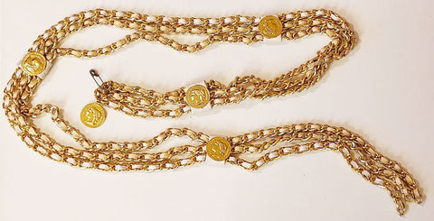 *  VINTAGE GOLD METAL FAUX FRENCH COINS & LEATHER 3 ROW CHAIN BELT