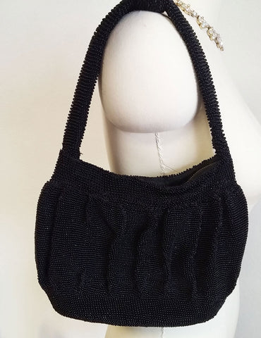 * VINTAGE 1940s BLACK BEADED PURSE WITH TONS OF TINY BEADS AND A BEADED POM POM PULL